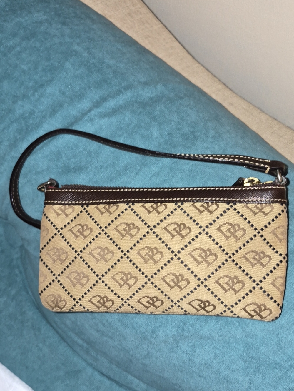 Dooney & Bourke DB Slim Zip Brown Tan Canvas & Leather Pouch Zip Bag